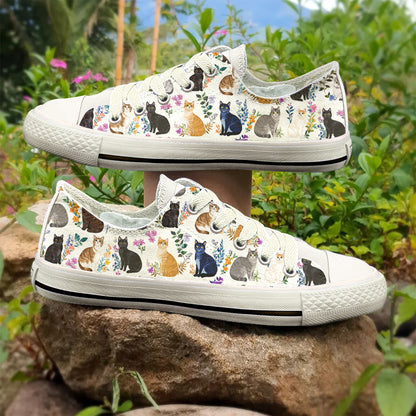 Cat Women's Low Top Shoes Charming Floral Cats