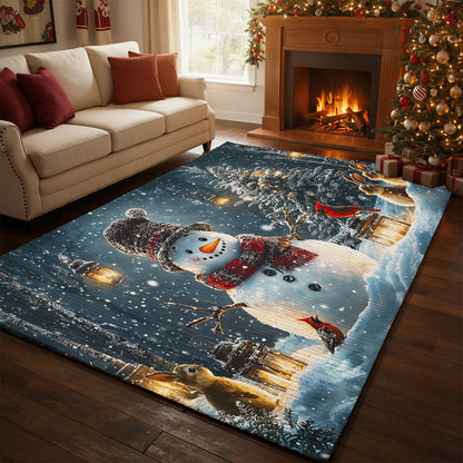 Christmas Area Rug Snowman and Forest Companions in a Lantern Lit Winter Scene