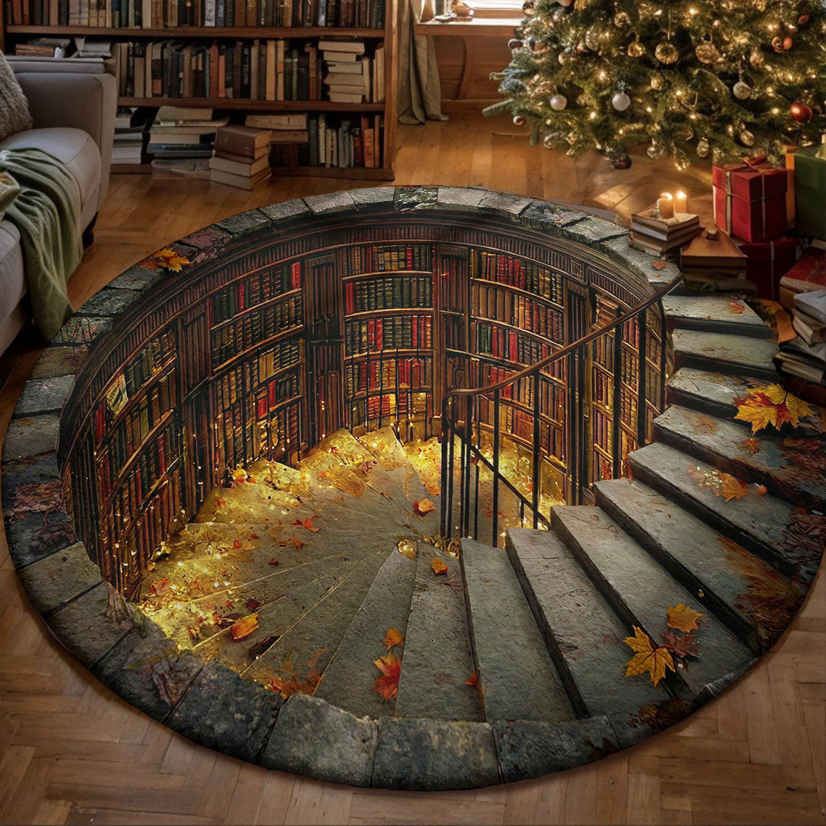 Reading Round Rug Enchanted Spiral Library Hollow 3D Illusion Flat Print
