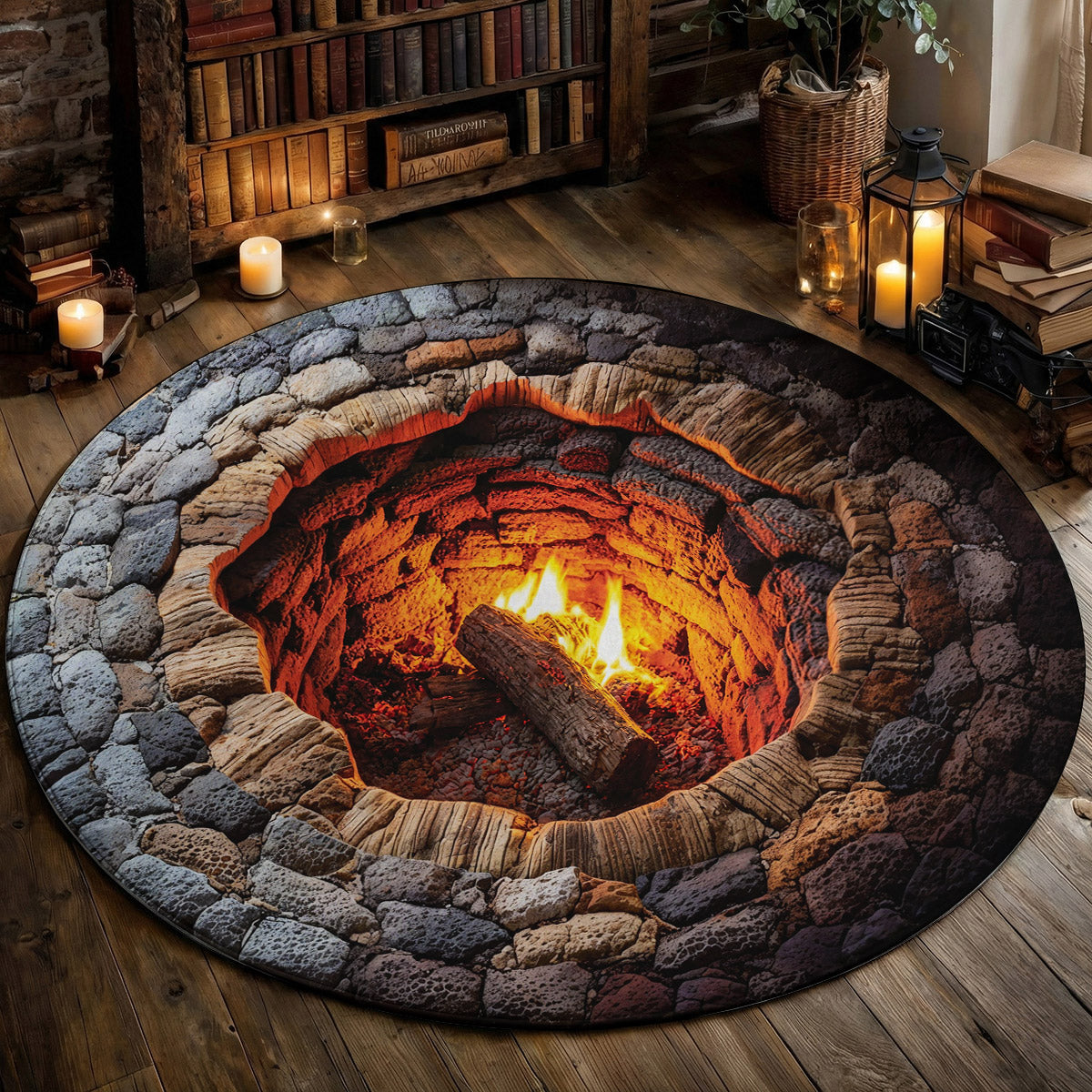 Rustic Fire Pit Round Rug Campfire Hollow 3D Illusion Flat Print