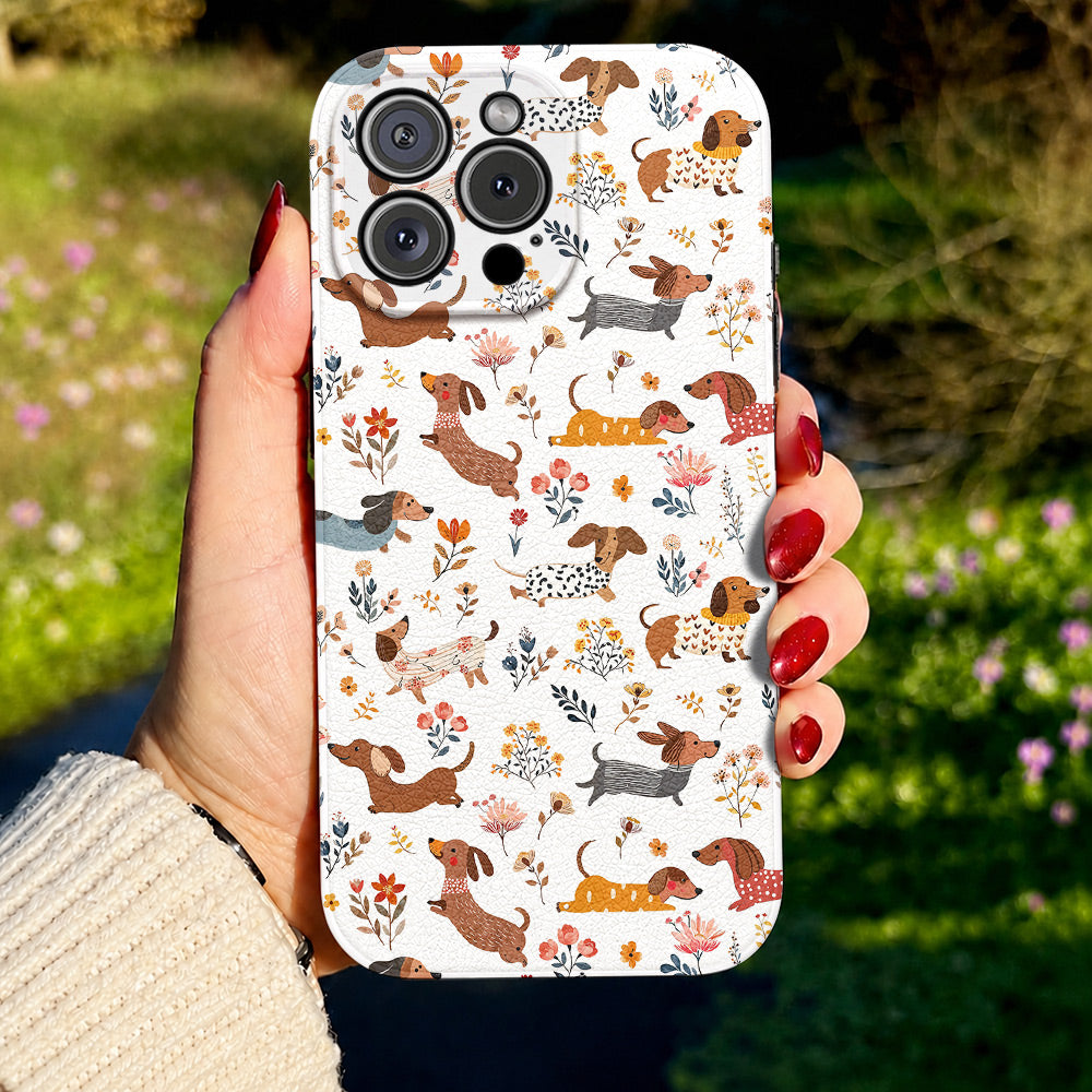 Dachshund Leather Phone Case Happy Field Flowers