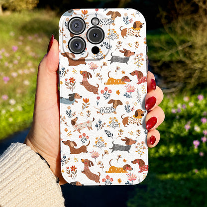 Dachshund Leather Phone Case Happy Field Flowers