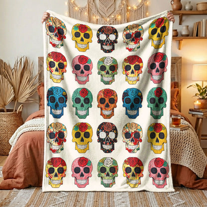 Skull Fleece Blanket Colorful Rose Sugar Skulls