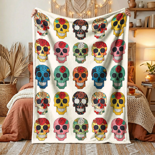 Skull Fleece Blanket Colorful Rose Sugar Skulls