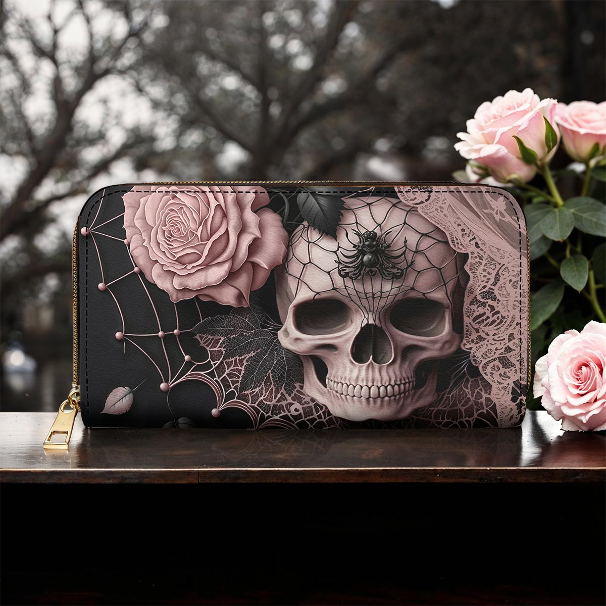 Gothic Skull Leather Wallet Rose Beneath the Web