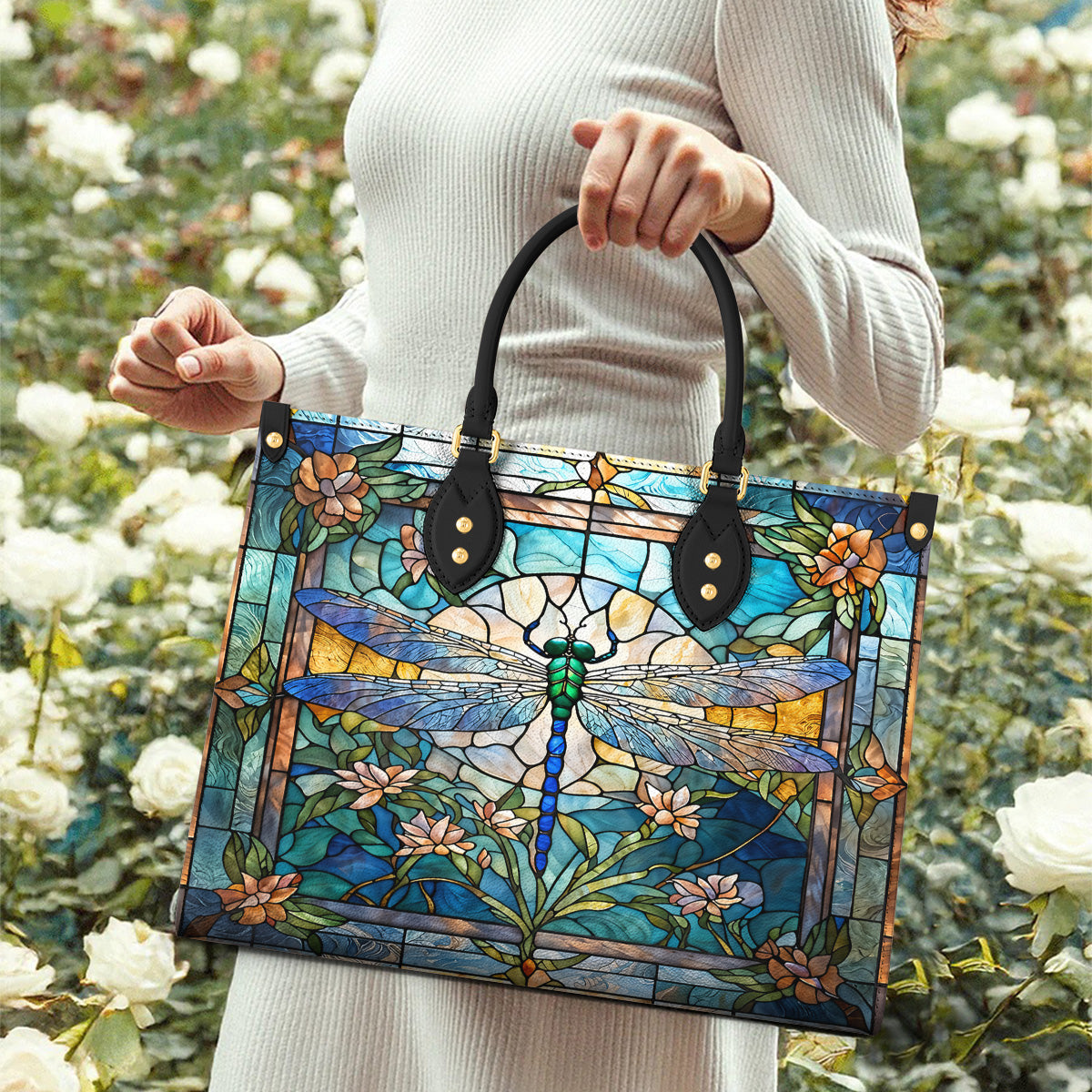Drafonfly Leather Handbag Dragonfly Grace In Stained Glass
