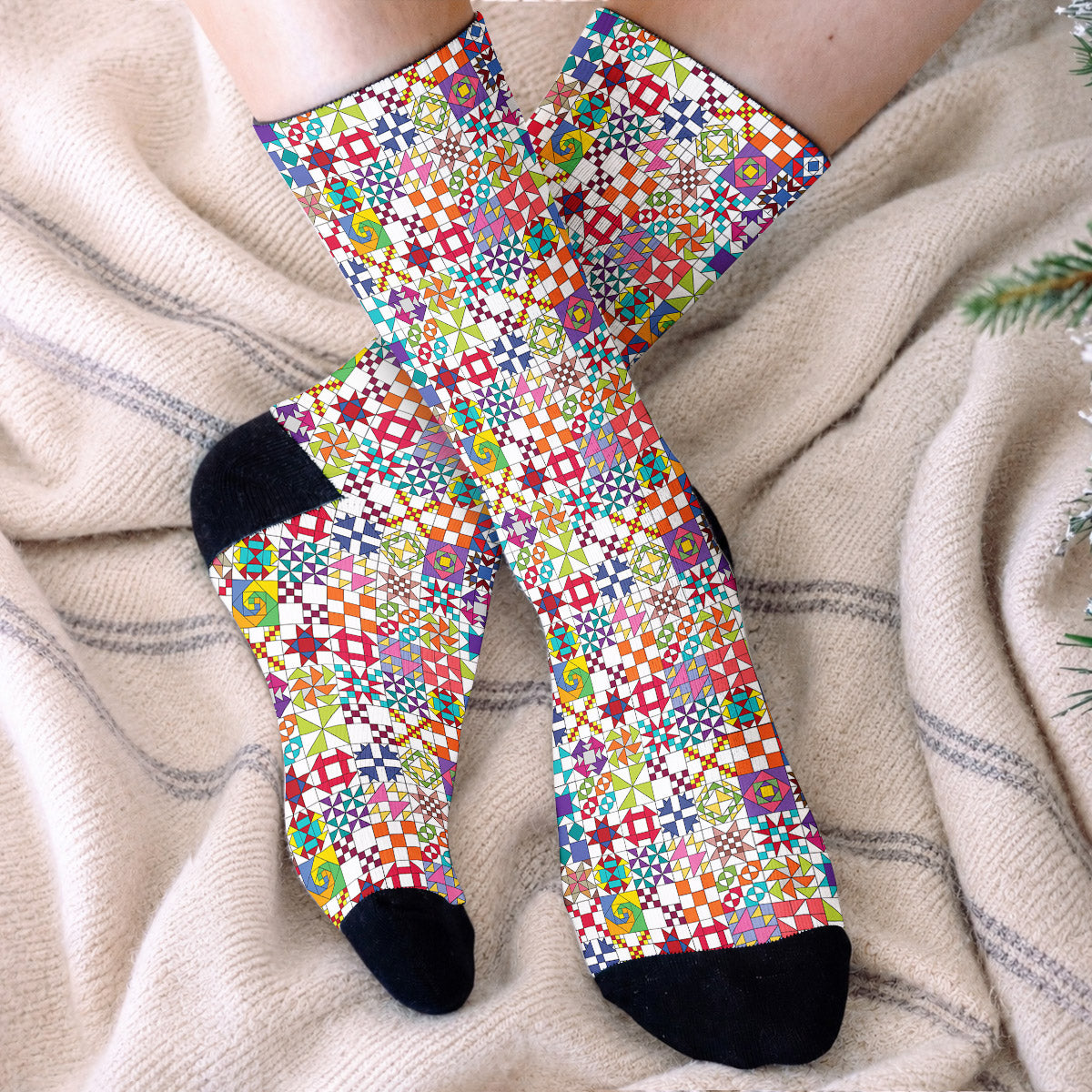 Sewing Lover Crew Socks Colorful Quilt Blocks