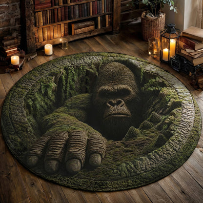 Bigfoot Round Rug Rising from the Forest 3D Illusion Flat Print Rustic Myth Art