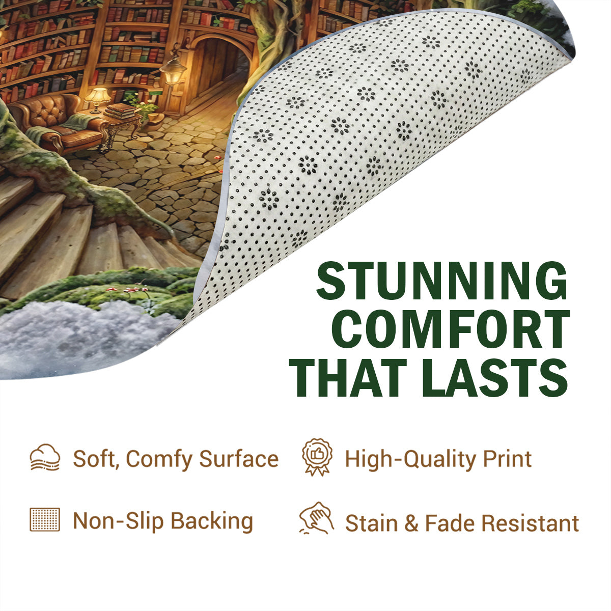 Reading Round Rug Cozy Enchanted Library Hollow 3D Illusion Flat Print