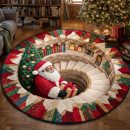 Christmas Round Rug - Black Santa’s Magical Staircase