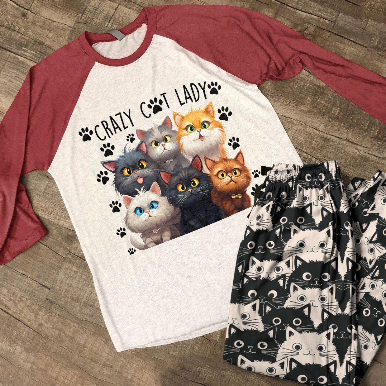 Cat Lover Raglan Lounge Pajamas Crazy Cat Lady