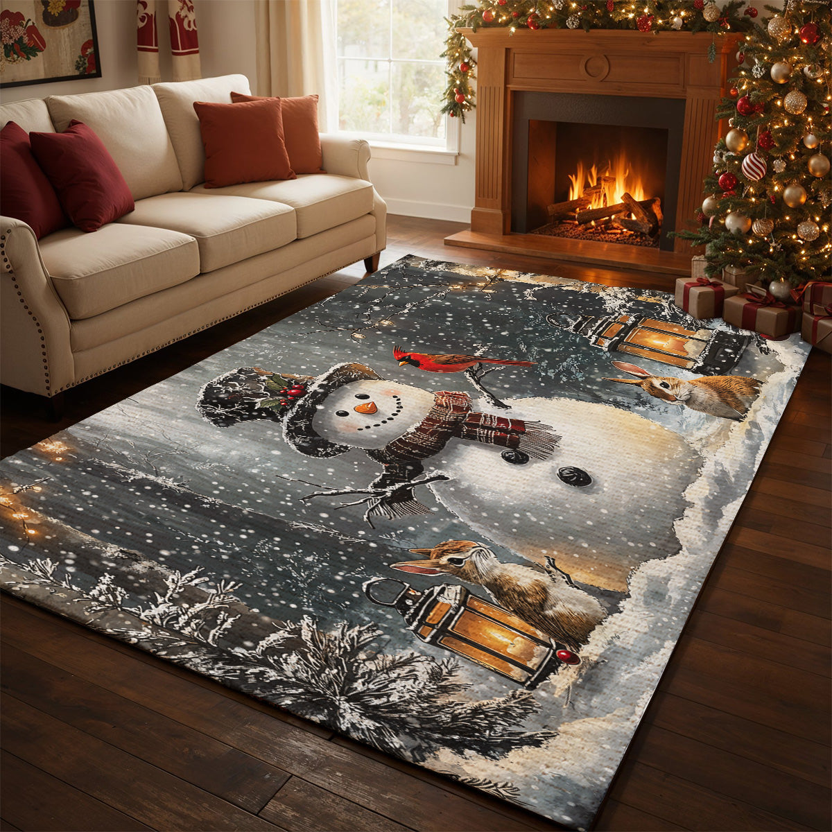 Christmas Area Rug Winter Forest Snowman Gathering with Bunnies and Cardinals