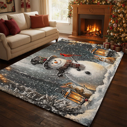 Christmas Area Rug Winter Forest Snowman Gathering with Bunnies and Cardinals