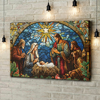 God Wooden-Framed Canvas Wall Art The Holy Night in Stained Glass