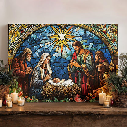 God Wooden-Framed Canvas Wall Art The Holy Night in Stained Glass