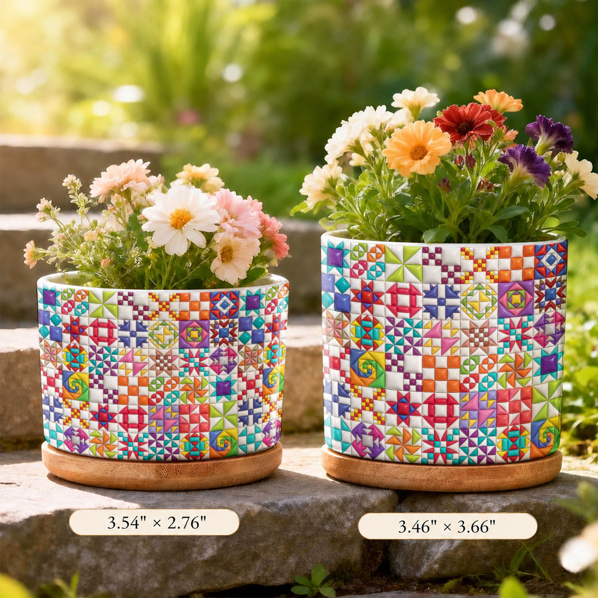 Sewing Lover Ceramic Plant Pot with Bamboo Tray Colorful Quilt Blocks