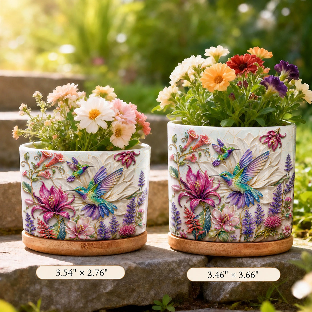 Hummingbird Ceramic Plant Pot with Bamboo Tray Hummingbird Garden Bloom Harmony
