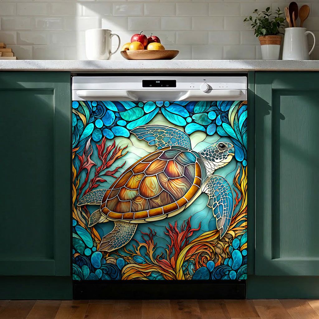 Sea Turtle Magnetic Dishwasher Cover Stained Glass Ocean Garden