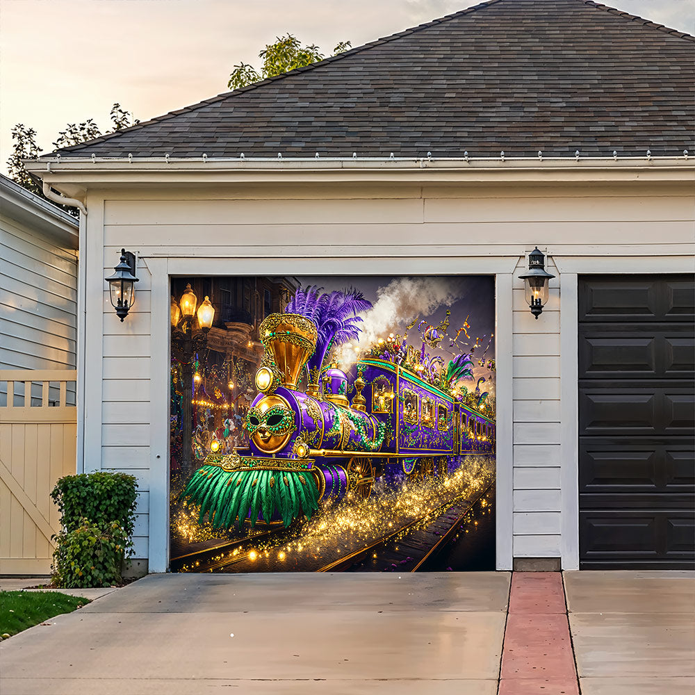 Mardi Gras Garage Door Banner Decoration - Masked Carnival Express