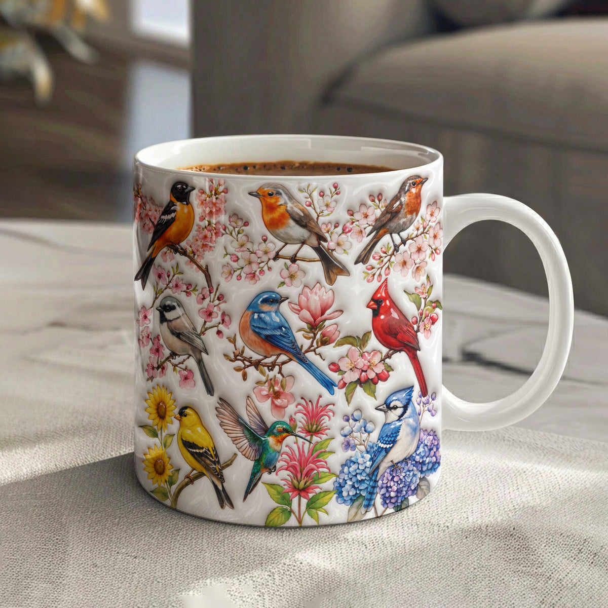 Bird Lovers Ceramic Mug Puffy Spring Birds Blossom Garden