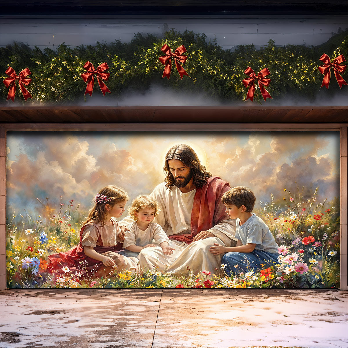 God Garage Door Banner Decoration - Jesus and the Little Ones In the Wildflower Meadow
