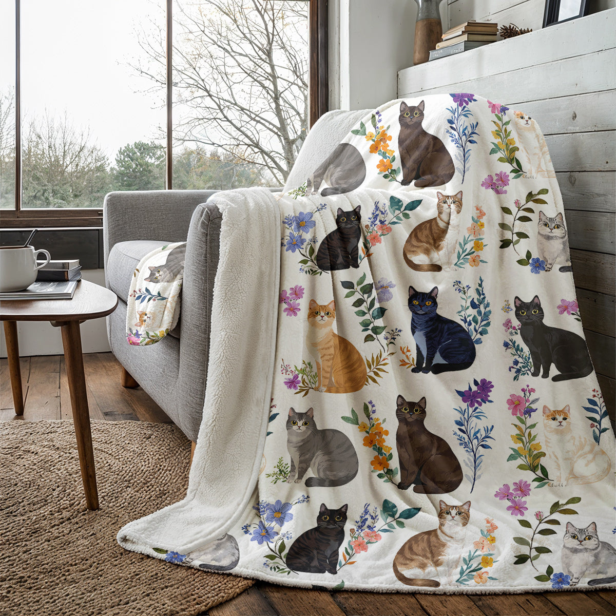 Cat Fleece Blanket Charming Floral Cats