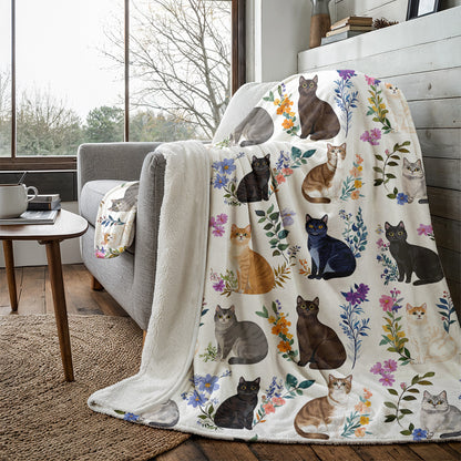 Cat Fleece Blanket Charming Floral Cats