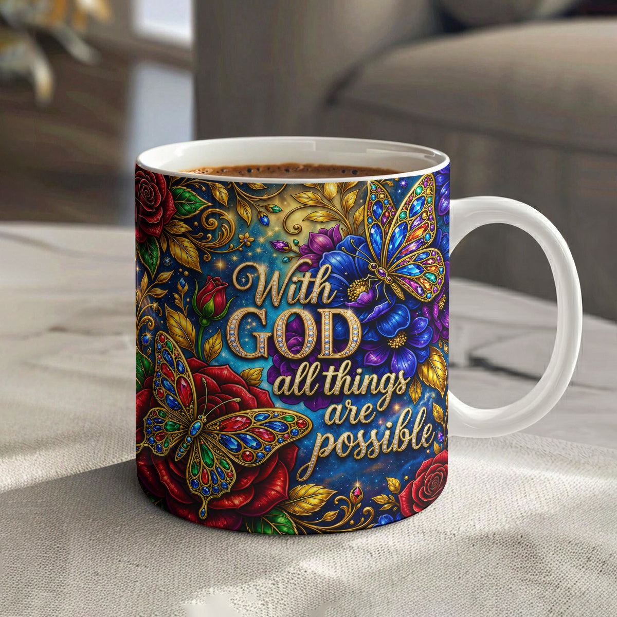 Butterfly Ceramic Mug With God All Things Are Possible