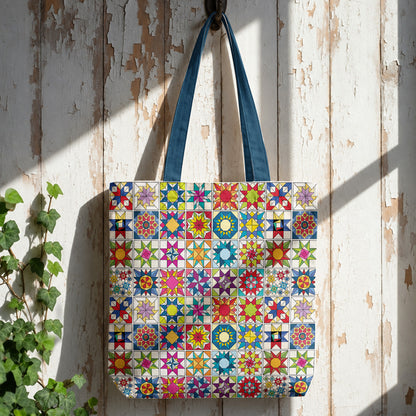 Sewing Lover Canvas Tote Bag Colorful Star Quilt Blocks
