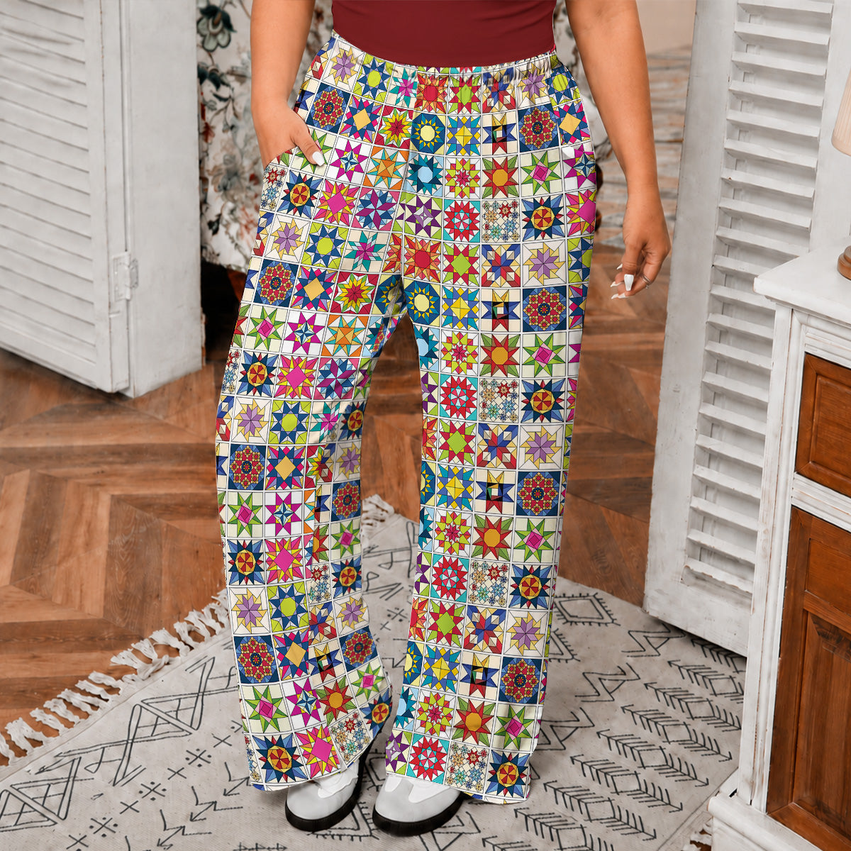 Sewing Lover Lounge Pants Colorful Star Quilt Blocks