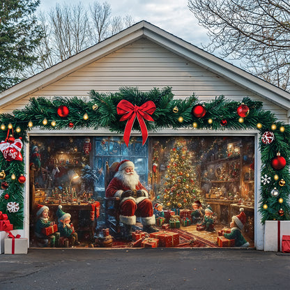 Christmas Garage Door Banner Decoration - Santa’s Cozy Workshop A Magical Christmas Eve with Elves and Gifts