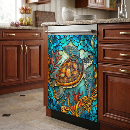Sea Turtle Magnetic Dishwasher Cover Stained Glass Ocean Garden