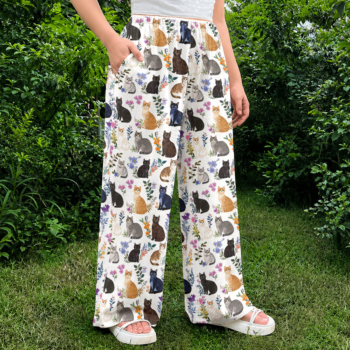 Cat Lounge Pants Charming Floral Cats
