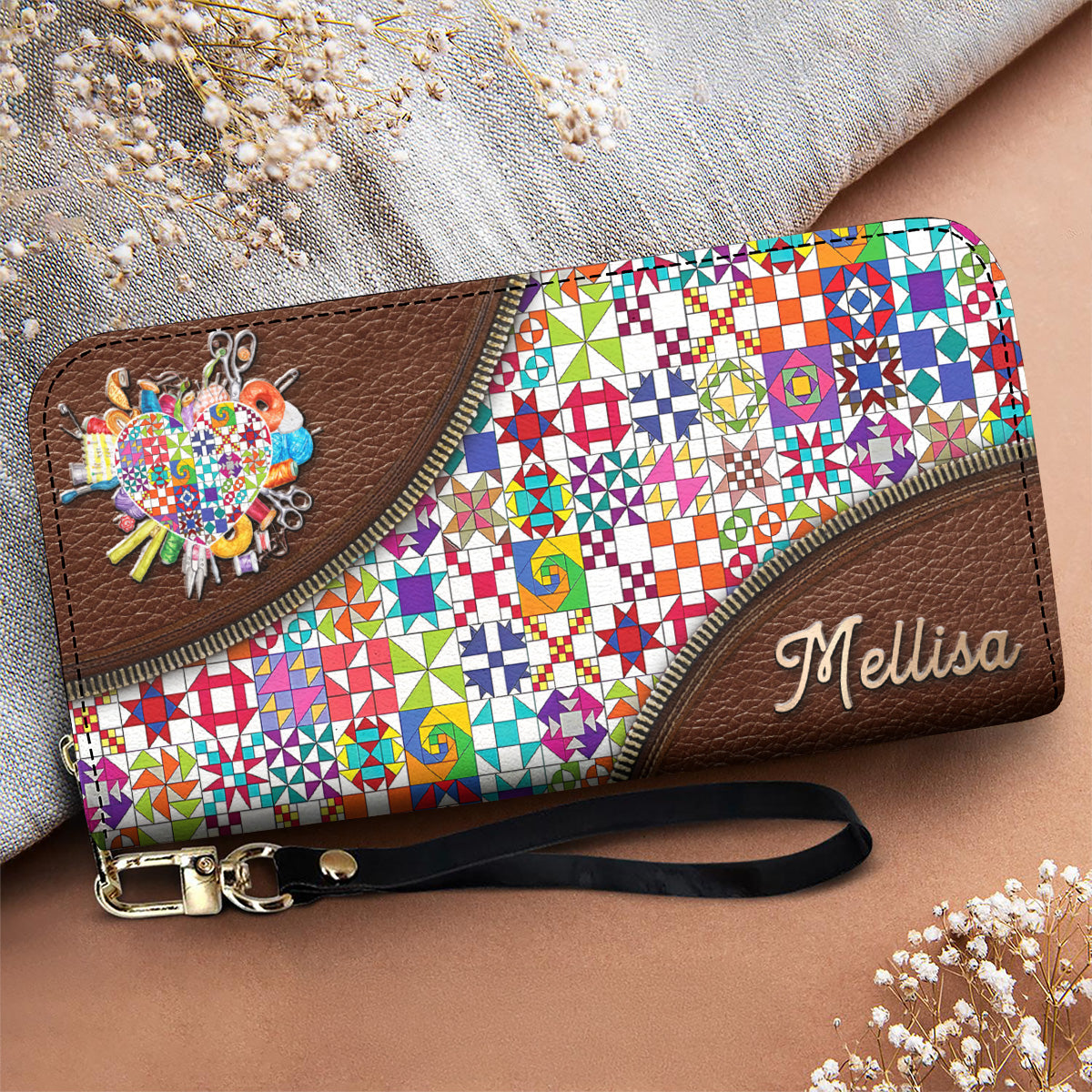 Sewing Lover Leather Wallet Personalized ColorBust Quilt Blocks