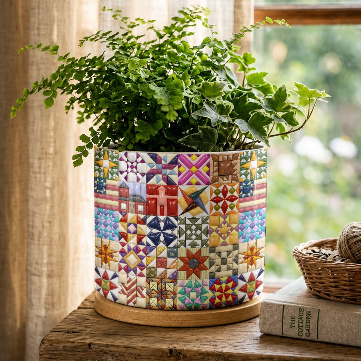 Sewing Lover Ceramic Plant Pot with Bamboo Tray Quilt Blocks