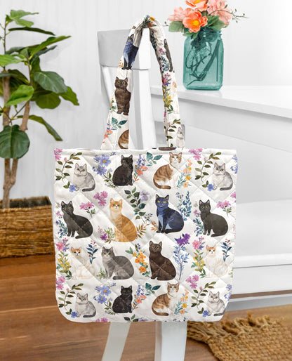 Cat Lover Quilted Tote Bag Charming Floral Cats