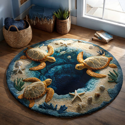 Sea Turtle Round Rug 3D Illusion Flat Print Ocean Calm Coastal Decor