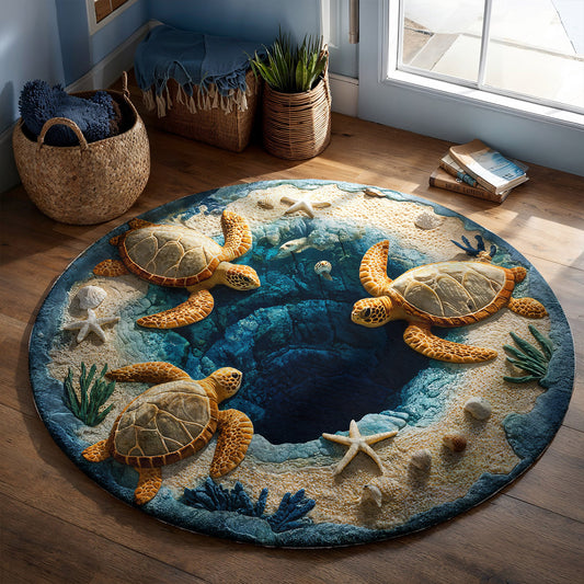 Sea Turtle Round Rug 3D Illusion Flat Print Ocean Calm Coastal Decor