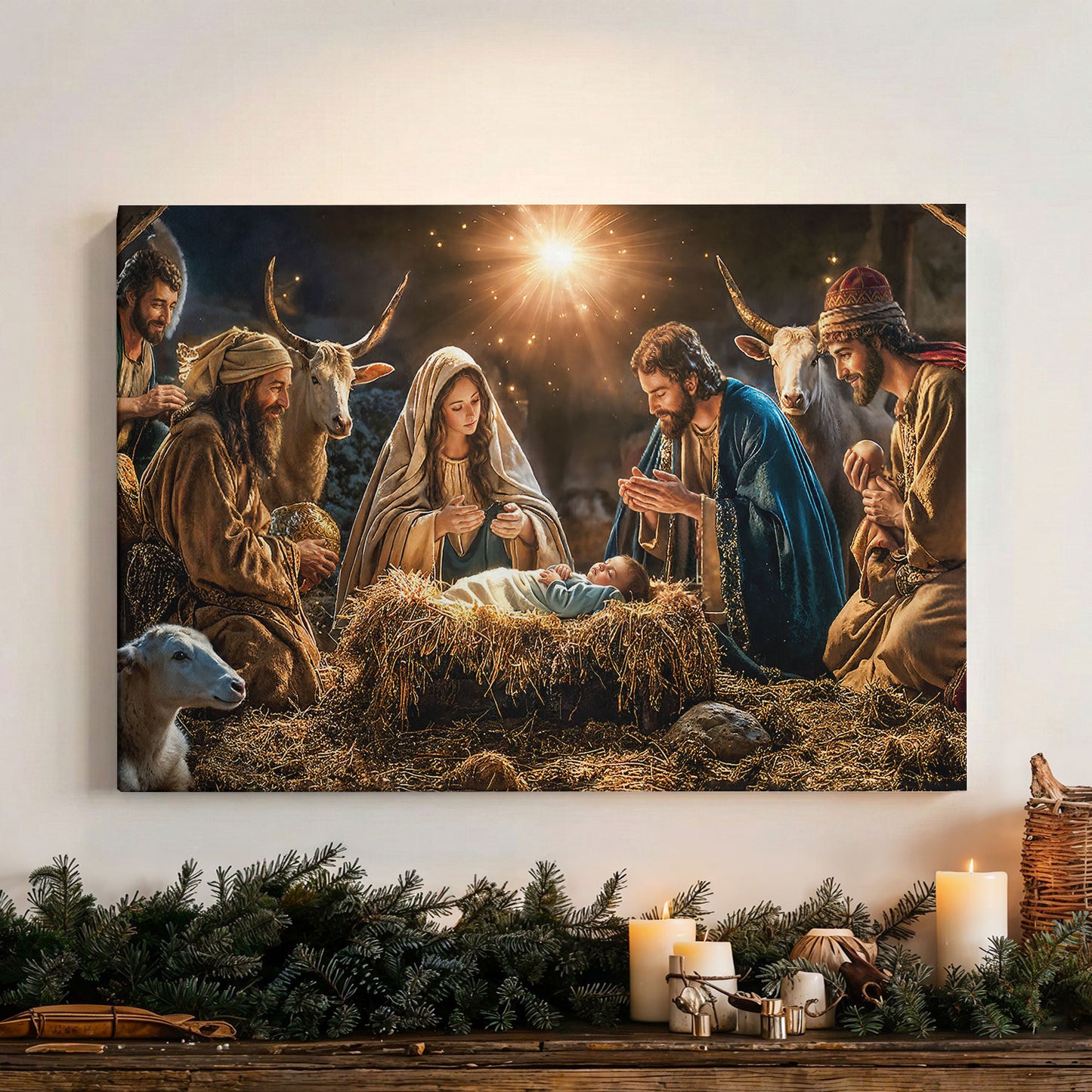 God Wooden-Framed Canvas Wall Art A Holy Night in Warm Light