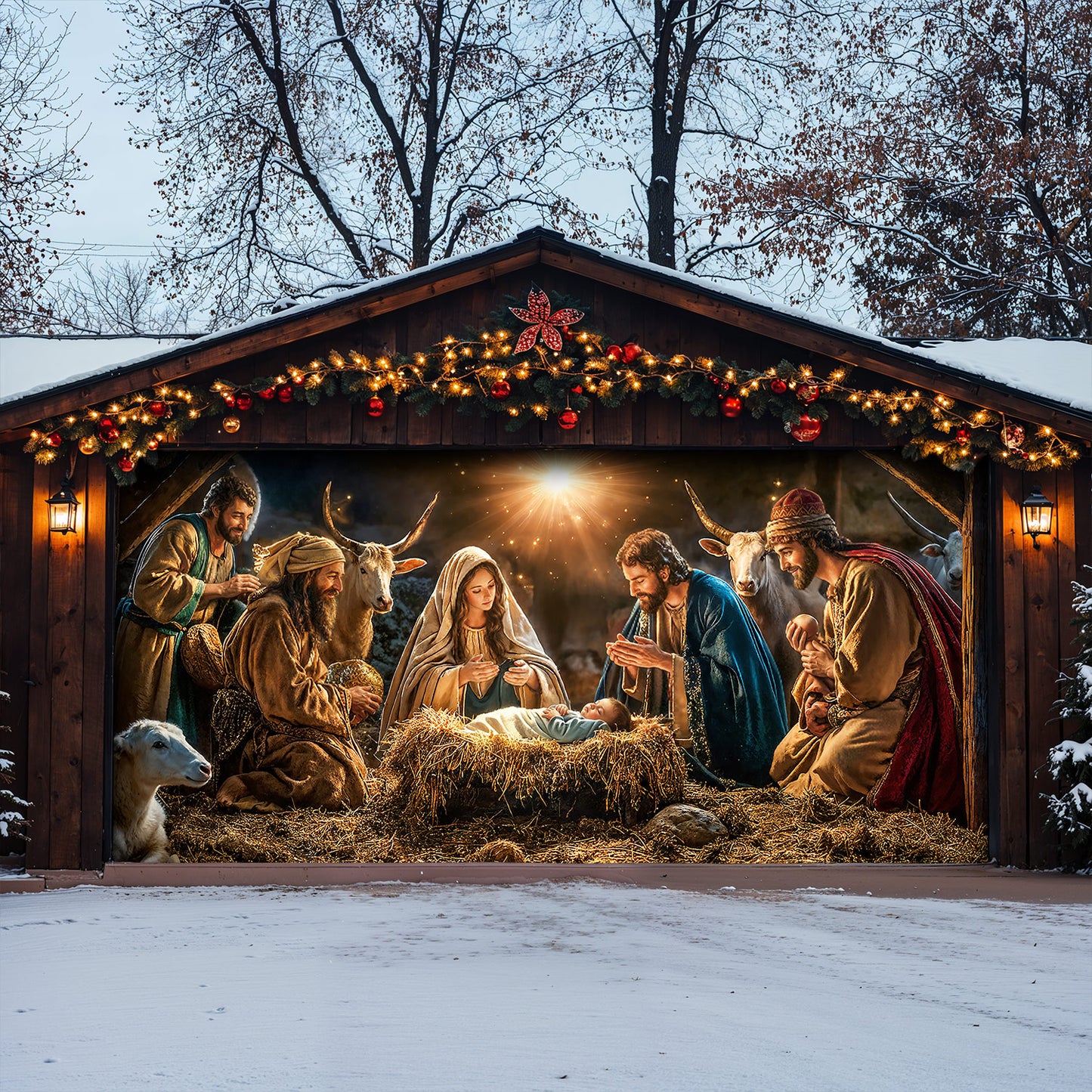 God Garage Door Banner Decoration - A Holy Night in Warm Light