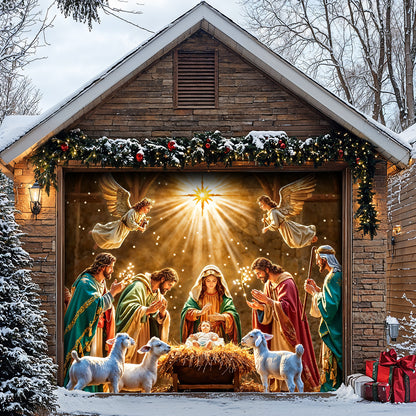 God Garage Door Banner Decoration - Divine Light at the Manger The Nativity Scene
