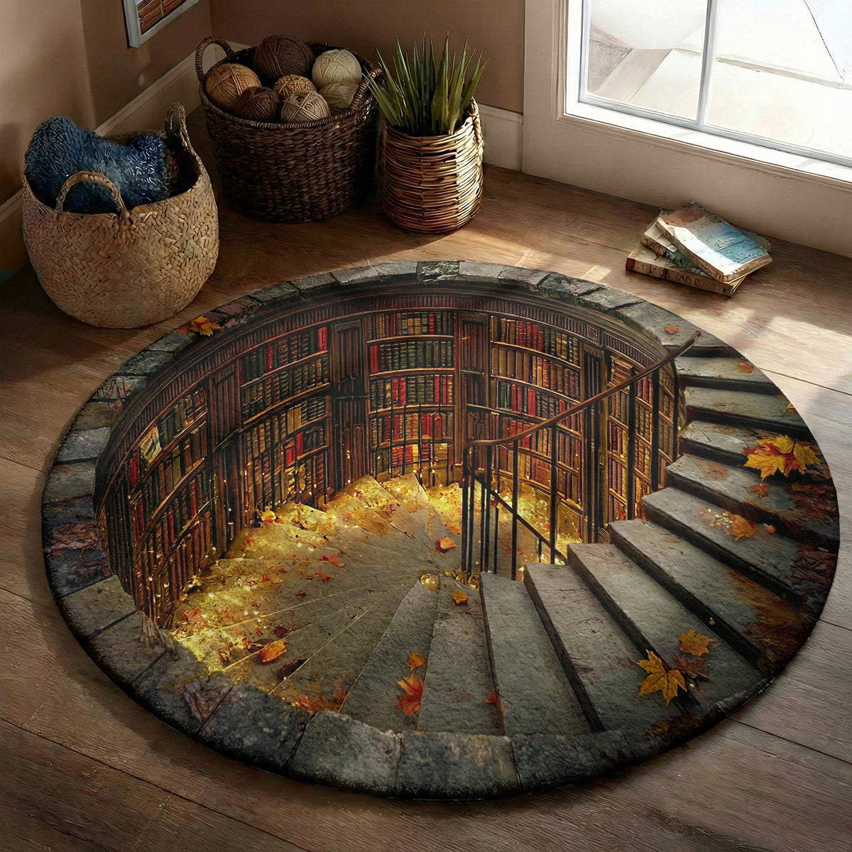 Reading Round Rug Enchanted Spiral Library Hollow 3D Illusion Flat Print