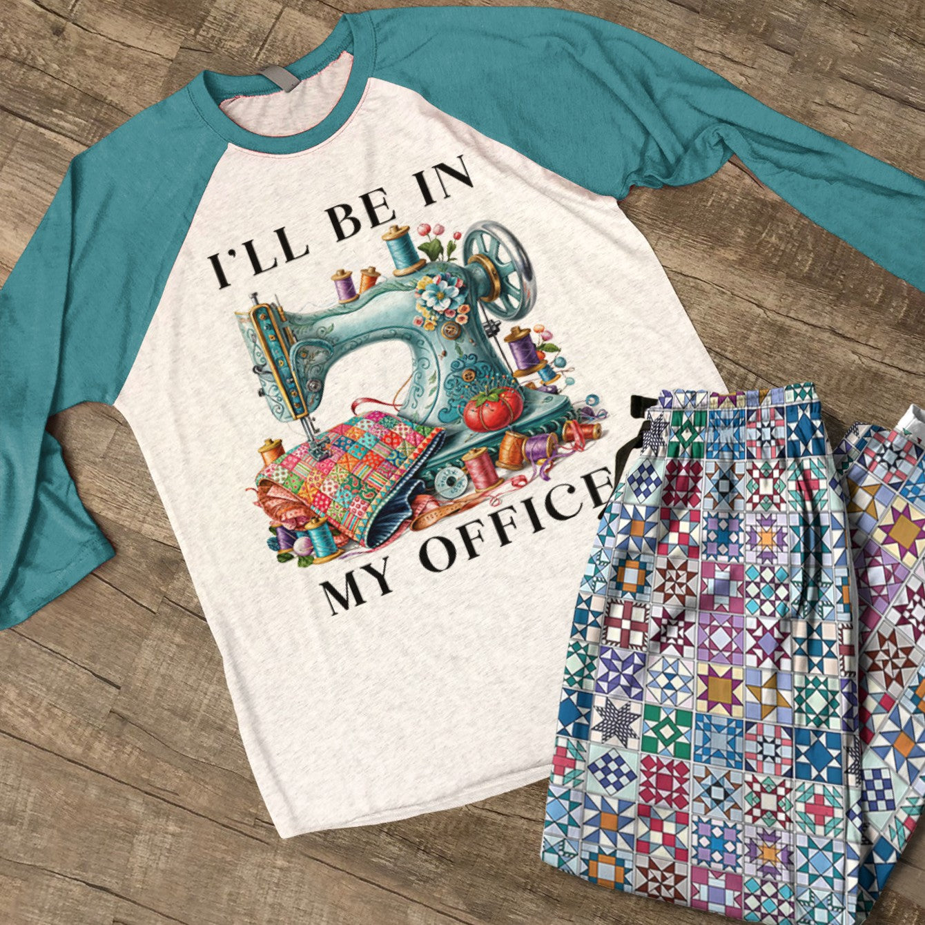 Sewing Lover Raglan Lounge Pajamas I'll Be In My Office Quilt Blocks