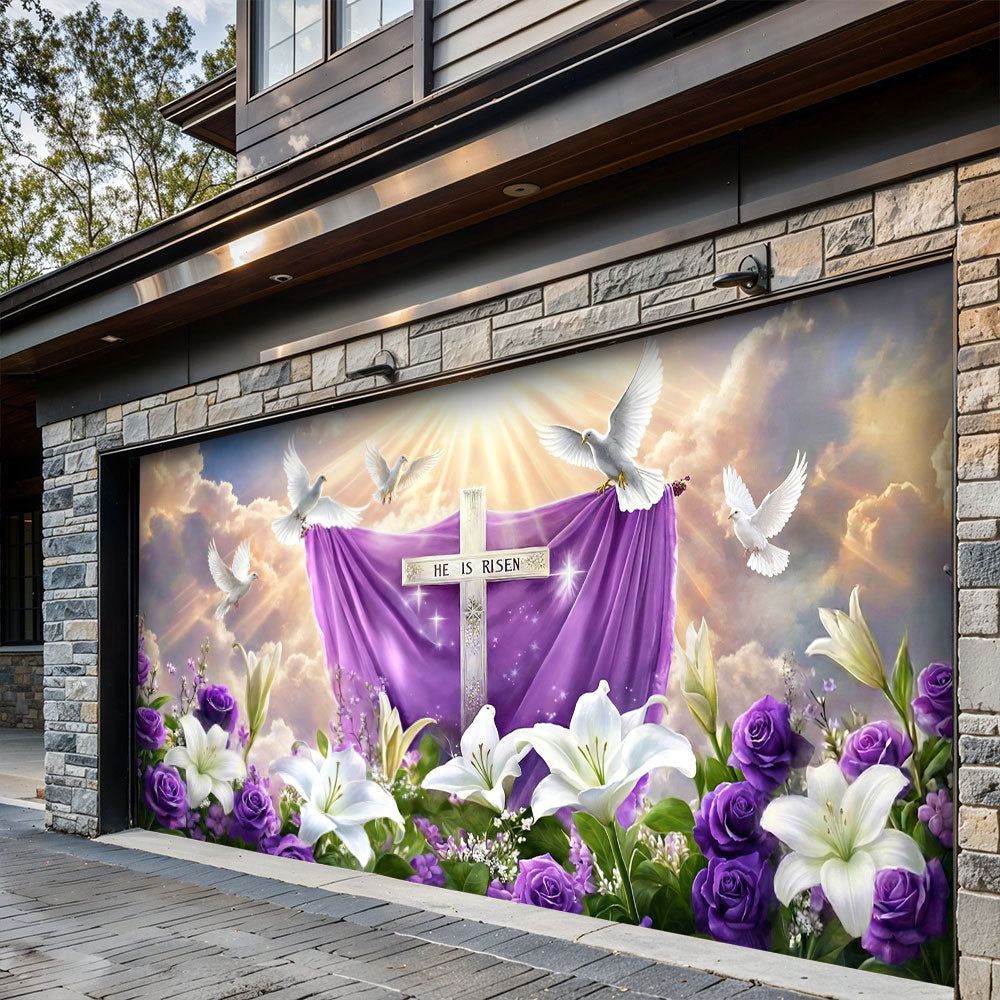 Christian Easter Garage Door Banner Decoration - 'He Is Risen' Resurrection in Bloom