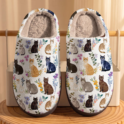 Cat Fleece Lined Slippers Charming Floral Cats