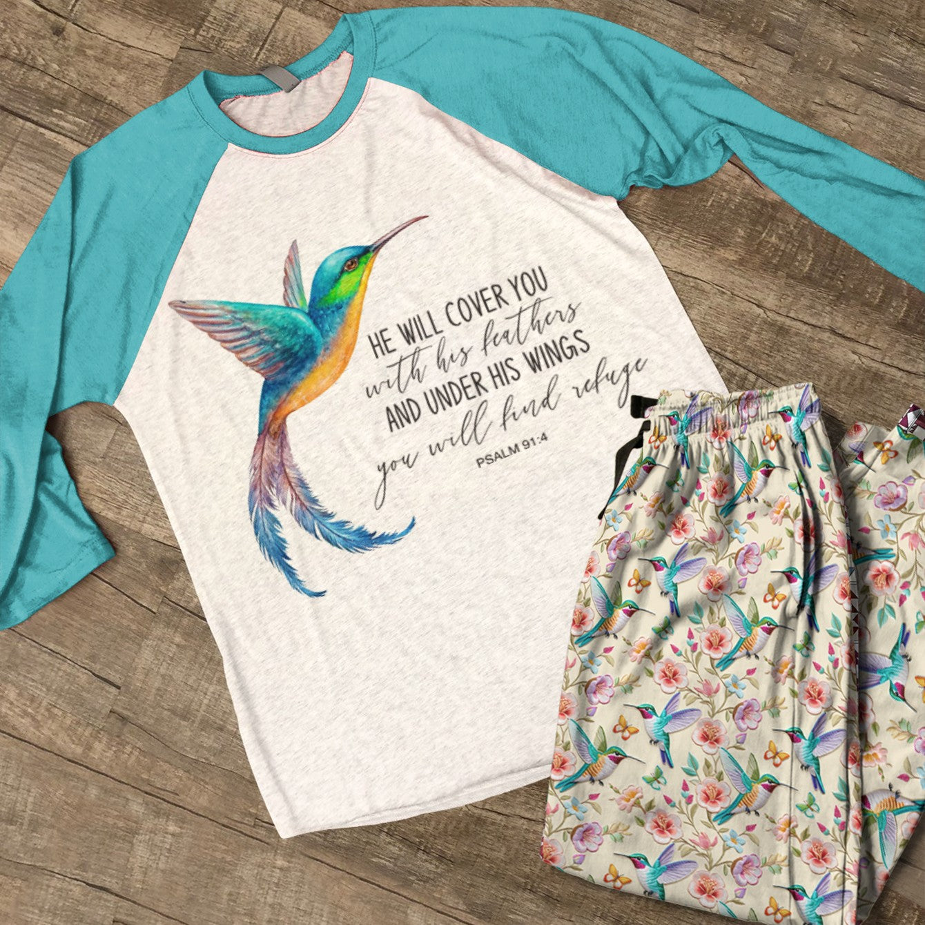 Hummingbird Raglan Lounge Pajamas He Will Cover You With His Feathers
