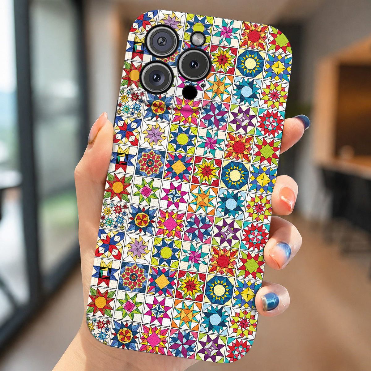 Sewing Lover Leather Phone Case Colorful Star Quilt Blocks