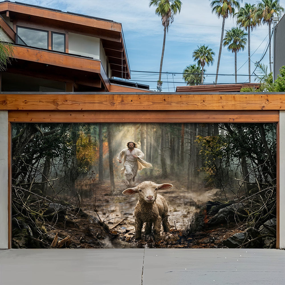 God Garage Door Banner Decoration - Jesus Running After a Lost Lamb