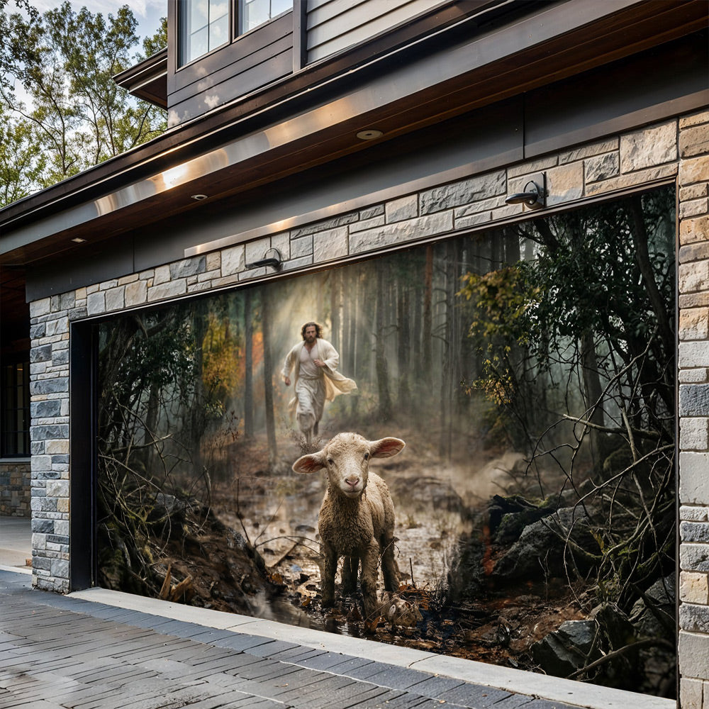God Garage Door Banner Decoration - Jesus Running After a Lost Lamb