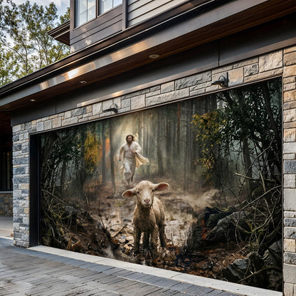 God Garage Door Banner Decoration - Jesus Running After a Lost Lamb